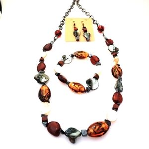 247NEB127 Homemade 3Pc. Amber Gray Necklace Set.